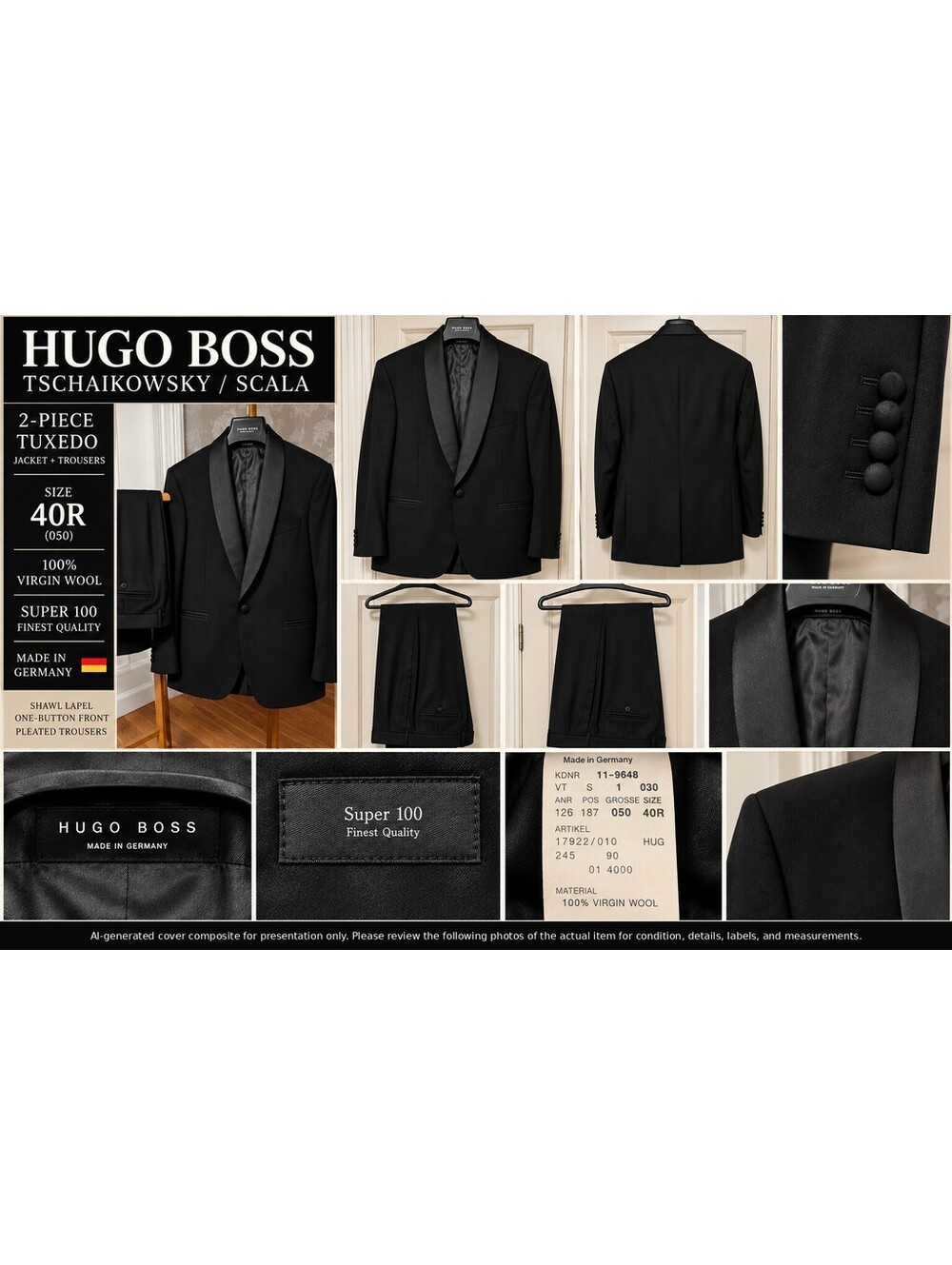 Hugo Boss 40R Tschaikowsky Scala Black Wool Shawl Tuxedo Set